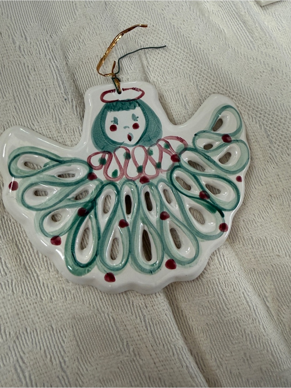Gail Pittman Painted Ceramic Angel Holiday Ornament in Green and Red